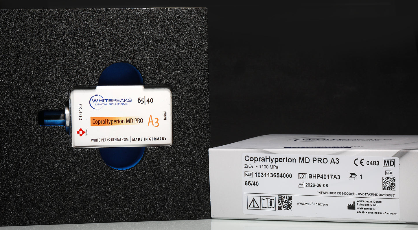 CopraHyperion MD PRO 65/40 – Für die Speed-Sinterung geeigneter Zirkonoxidblock für CEREC - Packung mit einem Block